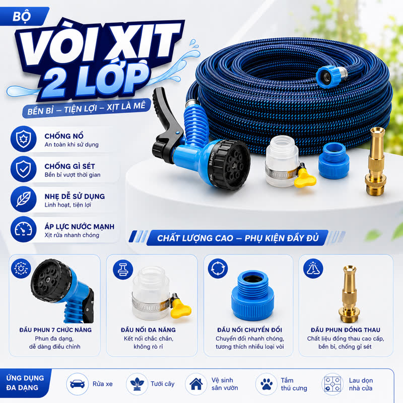 Bộ vòi xịt 2 lớp: chống nổ, chống gỉ, nhẹ, áp lực mạnh